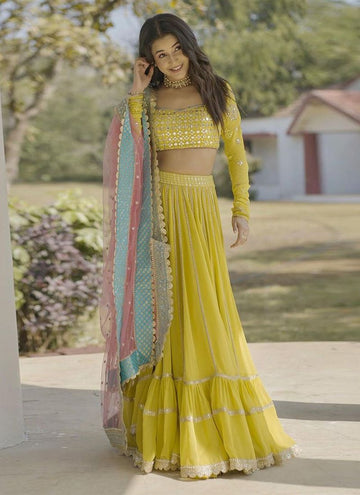 Stylist Georgette Yellow Ruffle Lehenga Choli For Haldi